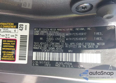 2022 Toyota Sienna Le z USA, uszkodzony, nr VIN 5TDKSKFC6NS064029